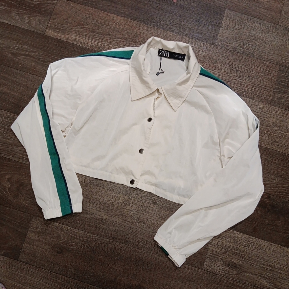 Zara White and Green Bomber Jacket